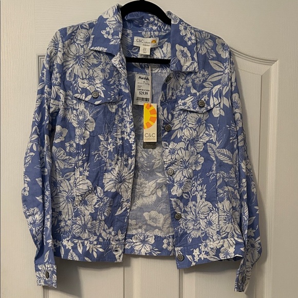 C&C California Jackets & Blazers - C&C California Blue and White Floral Jean Jacket